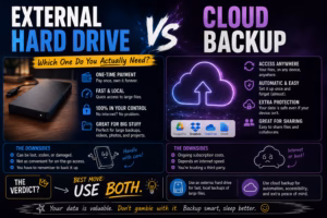 Illustration comparing an external hard drive and cloud backup