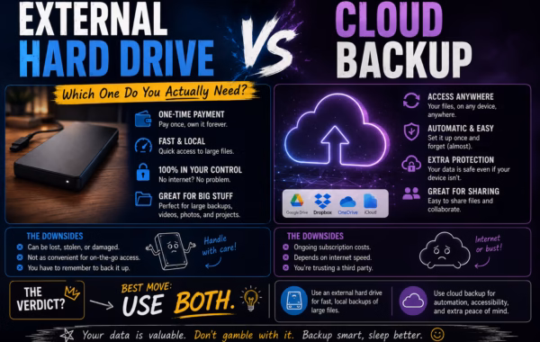 Illustration comparing an external hard drive and cloud backup