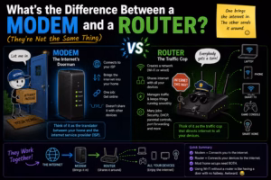 Illustration comparing a modem and a router