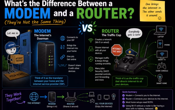 Illustration comparing a modem and a router